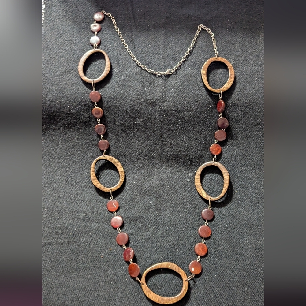 Silver Tone Brown Resin Beaded Long Statement Necklace